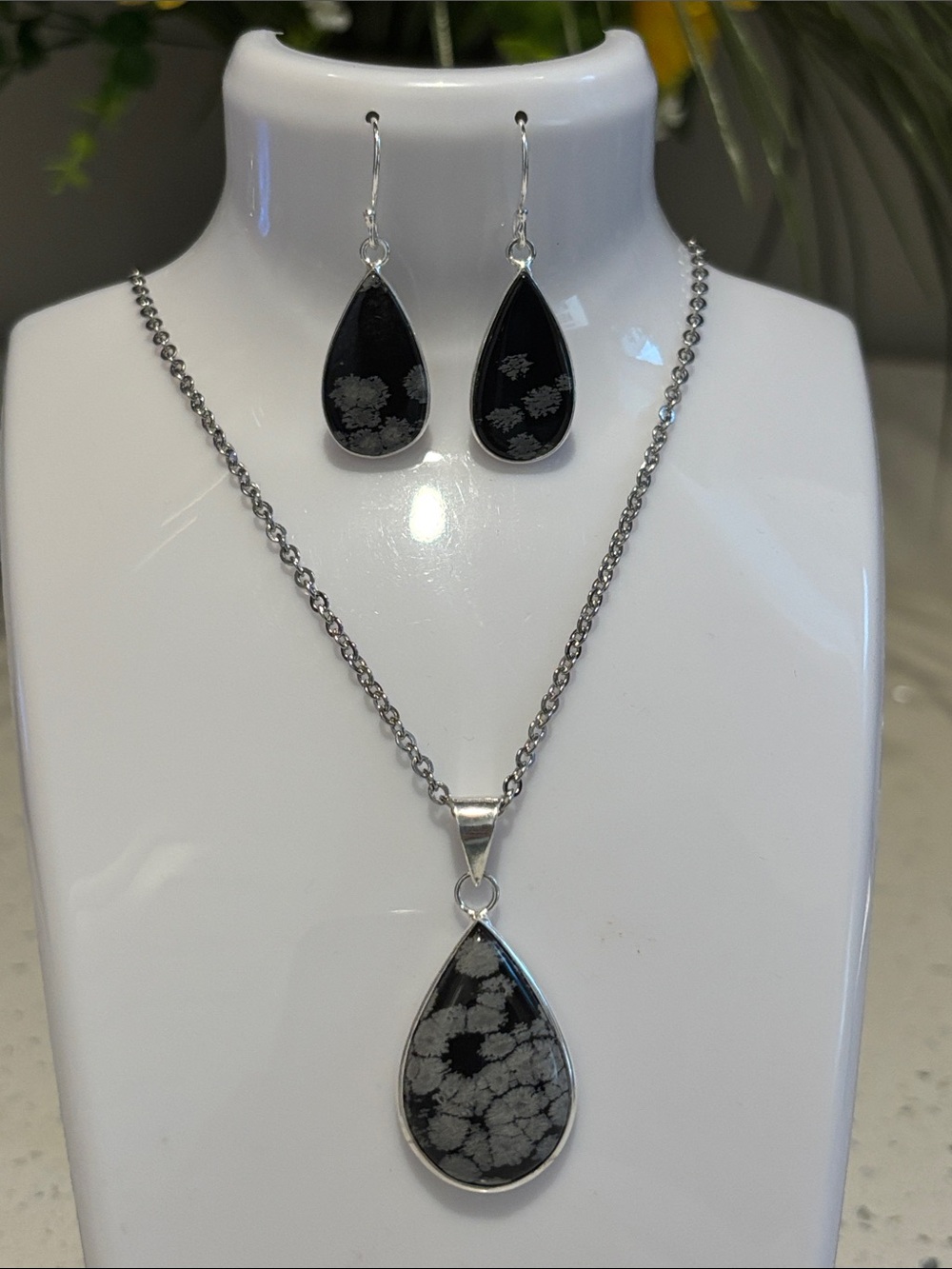 Black Snowflake Obsidian Teardrop Necklace & Earrings Set